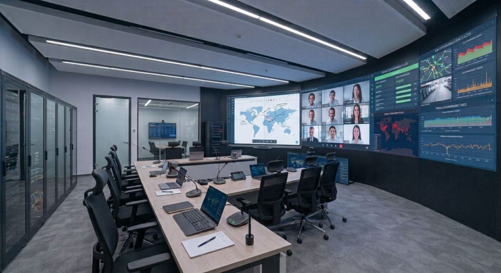 meja meeting dengan tampilan video wall besar di dalam command center